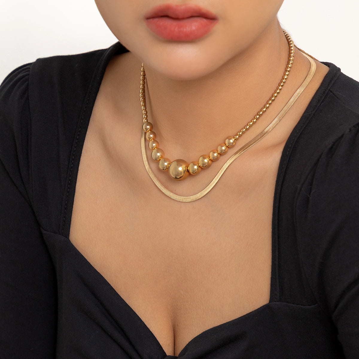 18K Gold-Plated Bead and Herringbone Chain Necklace Set, jewelry gift sets for women, everyday style, front view