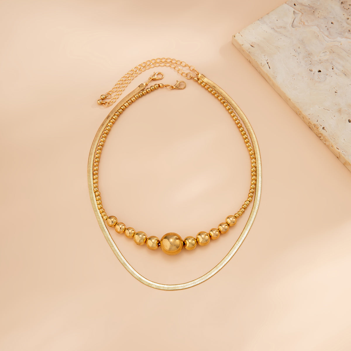 18K Gold-Plated Bead and Herringbone Chain Necklace Set, jewelry gift sets for women, everyday style, lifestyle look