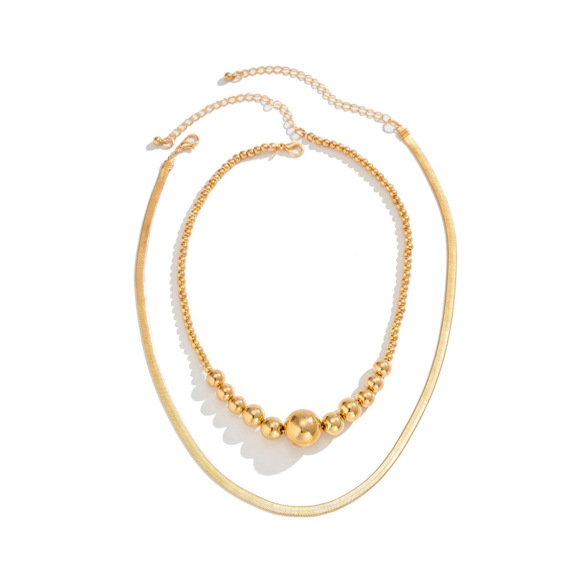 18K Gold-Plated Bead and Herringbone Chain Necklace Set, jewelry gift sets for women, everyday style, detail close-up