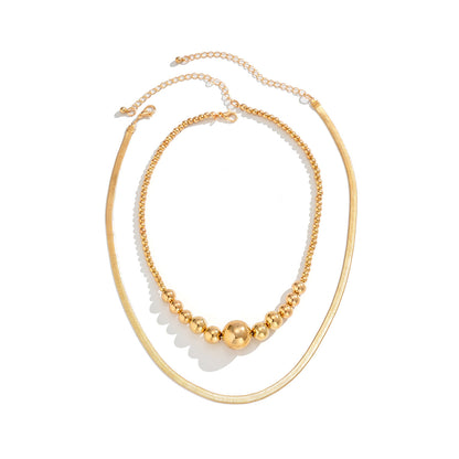 18K Gold-Plated Bead and Herringbone Chain Necklace Set, jewelry gift sets for women, everyday style, detail close-up