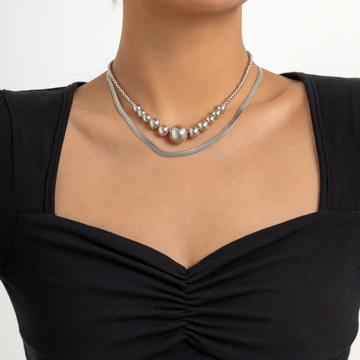 Silver-Plated Bead and Herringbone Chain Necklace Set, jewelry gift sets for women, dainty minimalist design, front view