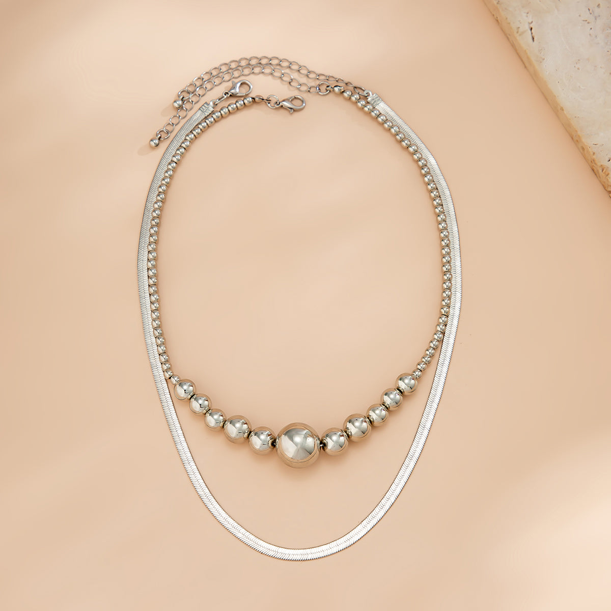 Silver-Plated Bead and Herringbone Chain Necklace Set, jewelry gift sets for women, dainty minimalist design, lifestyle look