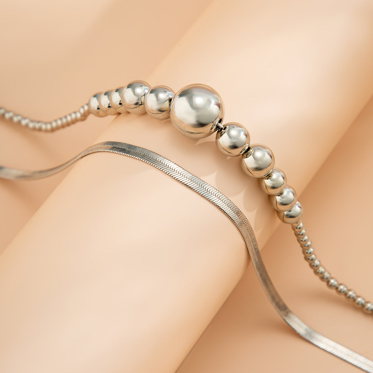 Silver-Plated Bead and Herringbone Chain Necklace Set, jewelry gift sets for women, dainty minimalist design, detail close-up
