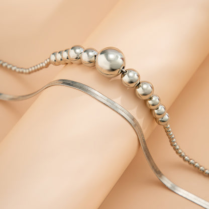 Silver-Plated Bead and Herringbone Chain Necklace Set, jewelry gift sets for women, dainty minimalist design, detail close-up