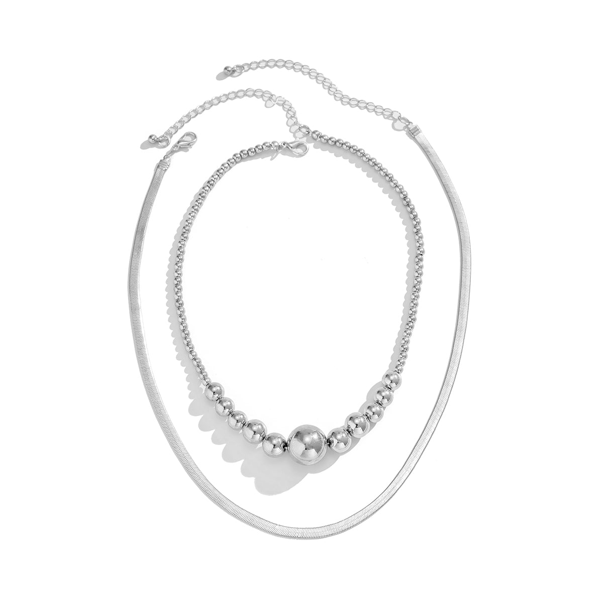 Silver-Plated Bead and Herringbone Chain Necklace Set, jewelry gift sets for women, dainty minimalist design, styled look