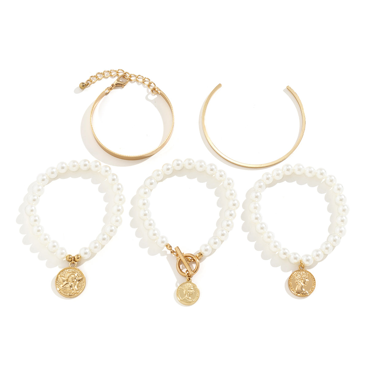 Pearl & 18K Gold-Plated Coin Charm Stretch Bracelet Set