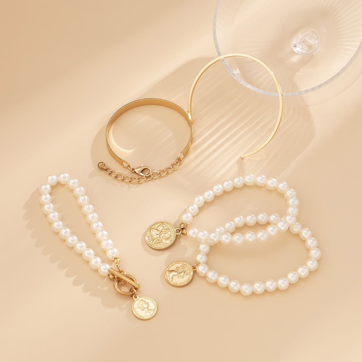 Pearl & 18K Gold-Plated Coin Charm Stretch Bracelet Set