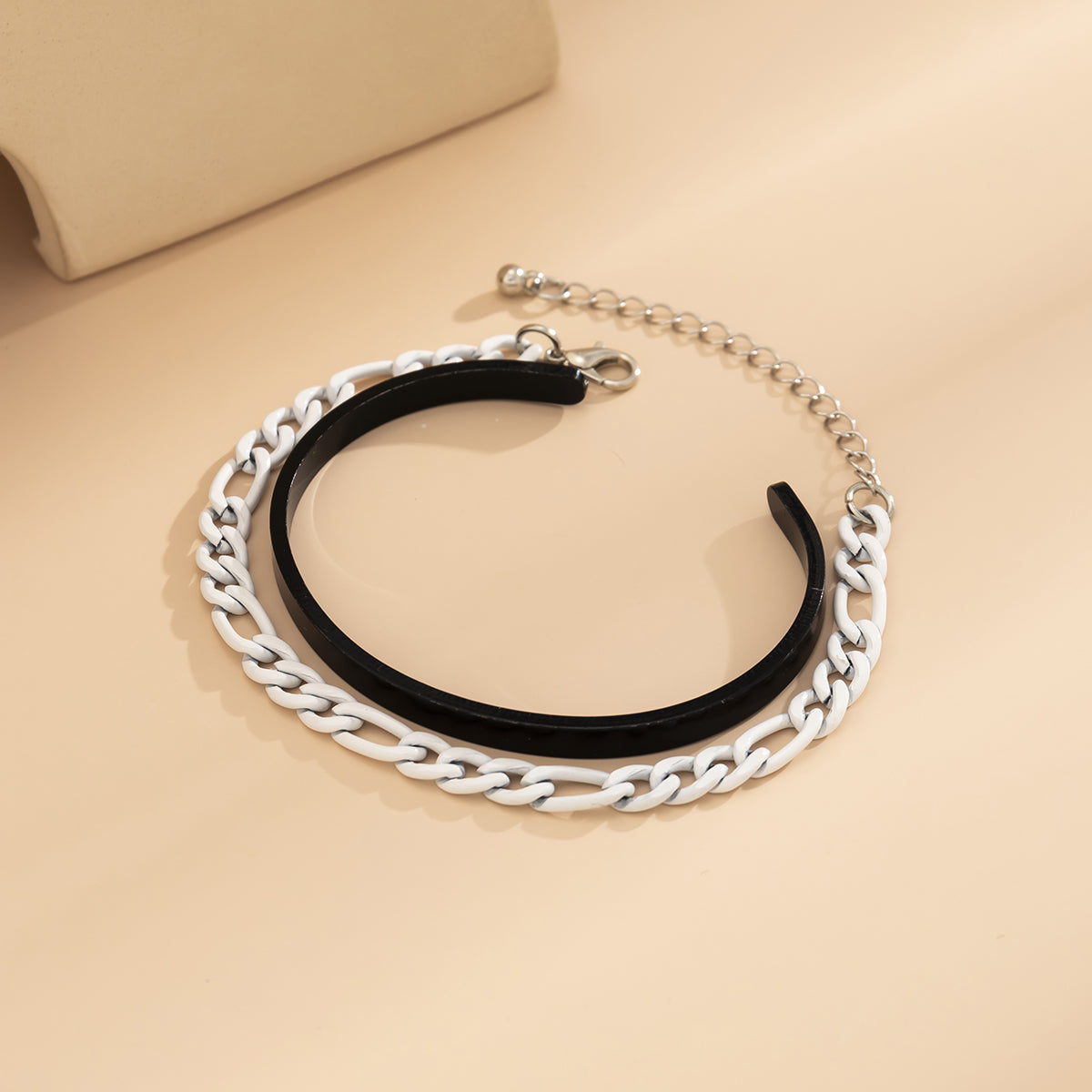 White Enamel & Two Tone Curb Chain Bracelet Set