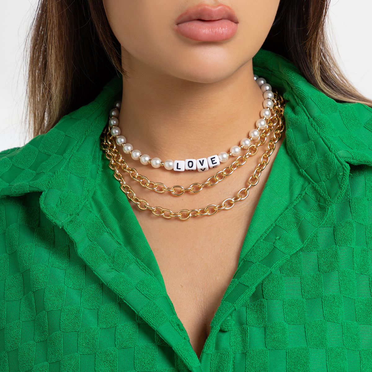 Pearl and Acrylic 18K Gold-Plated 'Love' Necklace Set, jewelry gift sets for women, dainty minimalist design, front view