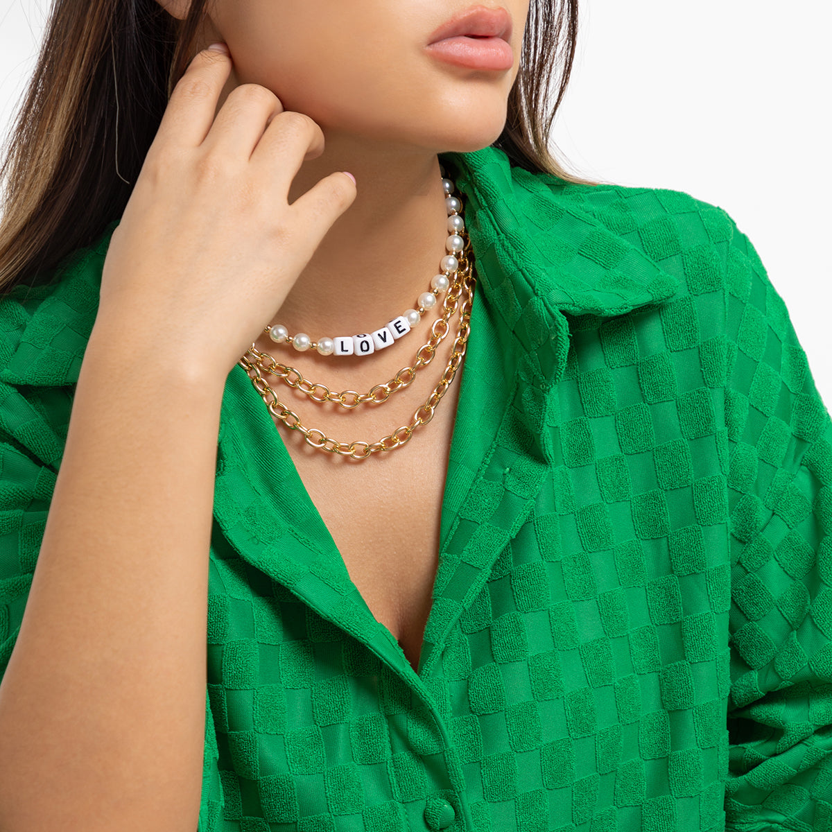 Pearl and Acrylic 18K Gold-Plated 'Love' Necklace Set, jewelry gift sets for women, dainty minimalist design, lifestyle look