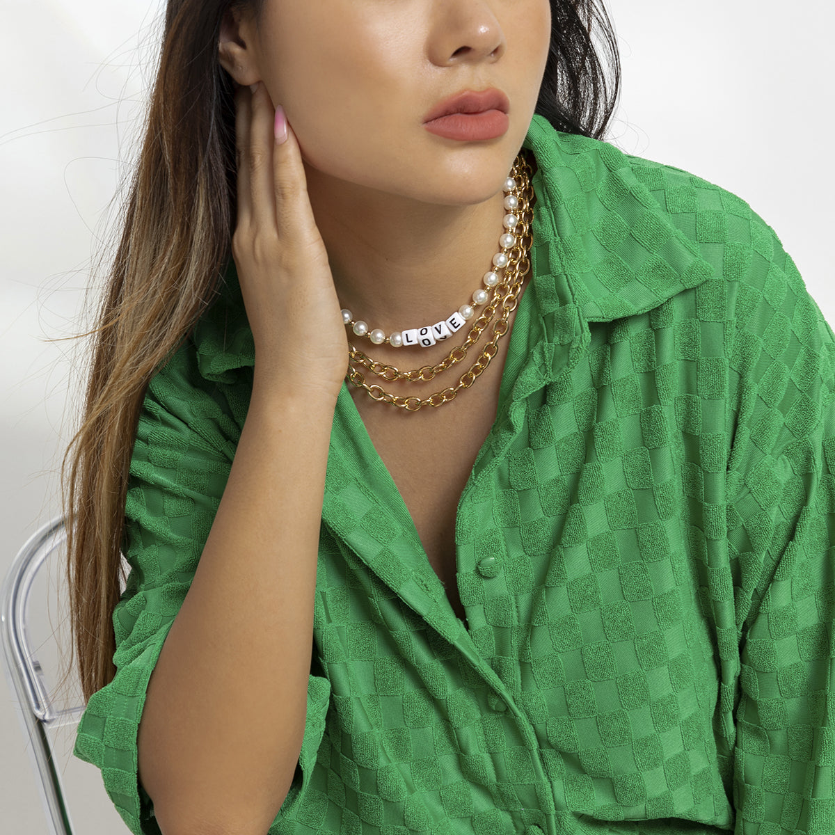 Pearl and Acrylic 18K Gold-Plated 'Love' Necklace Set, jewelry gift sets for women, dainty minimalist design, styled look