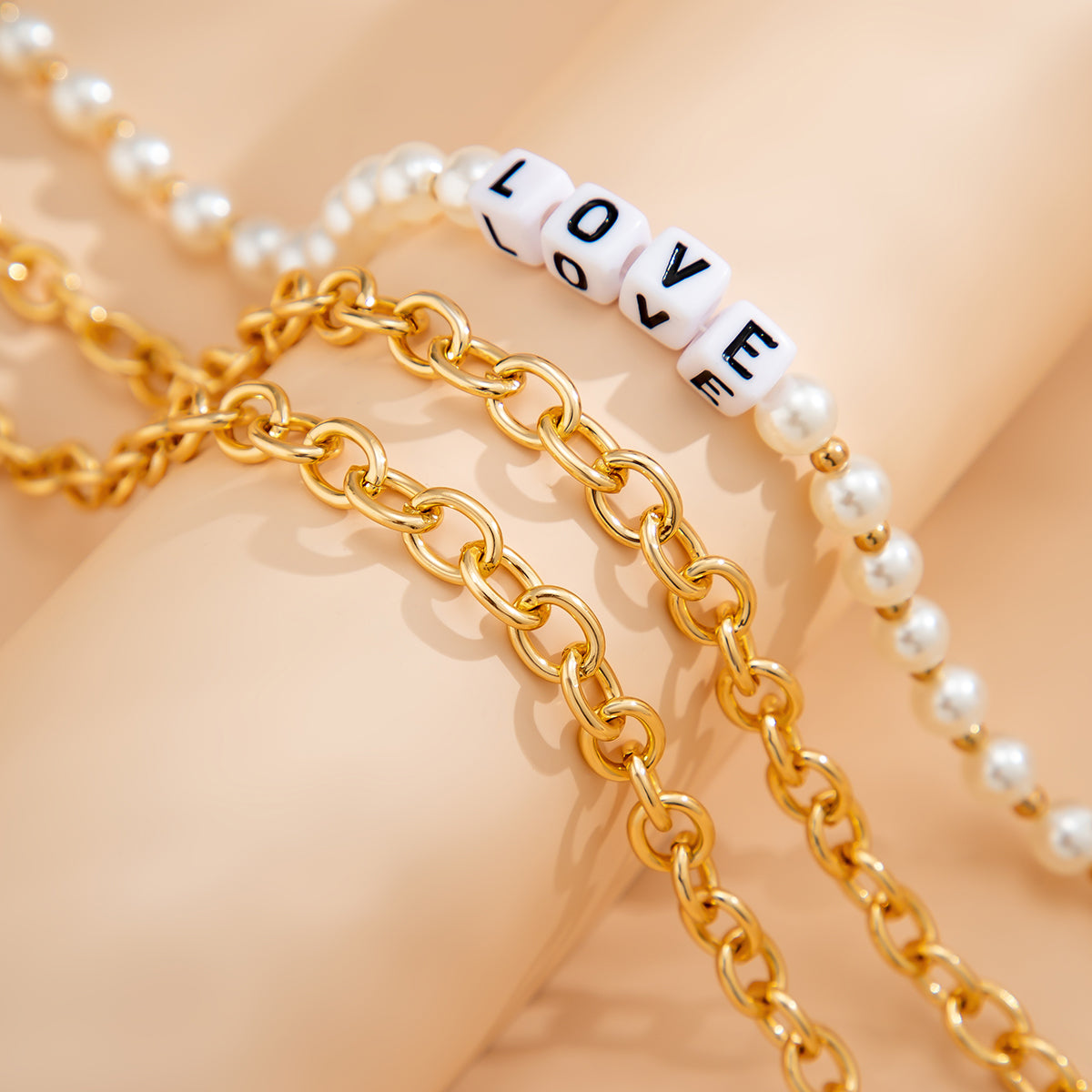 Pearl and Acrylic 18K Gold-Plated 'Love' Necklace Set, jewelry gift sets for women, dainty minimalist design, detail close-up