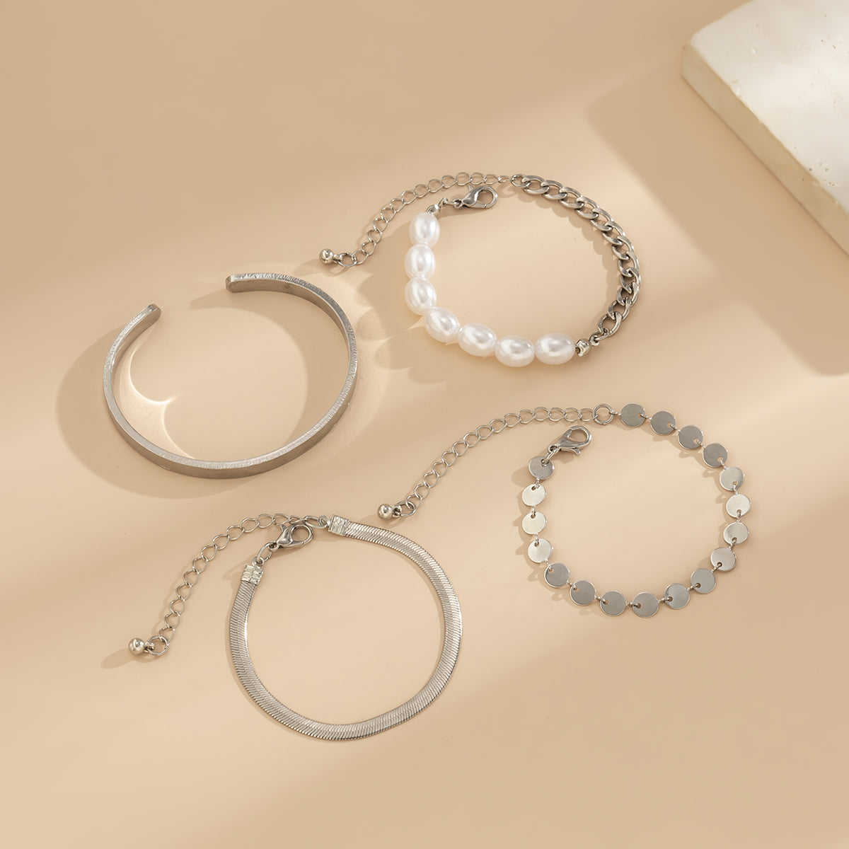 Pearl & Silver-Plated Herringbone Chain Bracelet Set