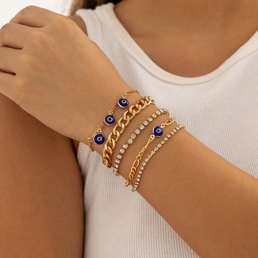 Blue and Cubic Zirconia Eyes Charm Bracelet Set, jewelry gift sets for women, botanical inspired, front view