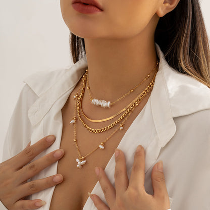 Pearl and 18K Gold-Plated Herringbone Chain Necklace Set, jewelry gift sets for women, everyday style, detail close-up