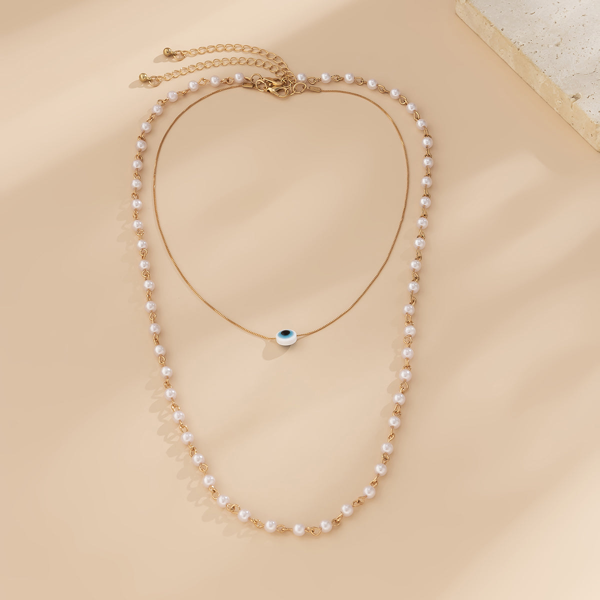 Pearl & 18K Gold-Plated Necklace & Evil Eye Pendant Necklace