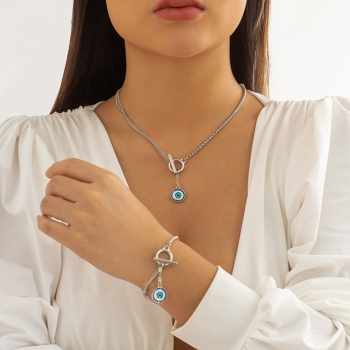Blue Enamel and Silver-Plated Eye Pendant Necklace and Bracelet, jewelry gift sets for women, front view