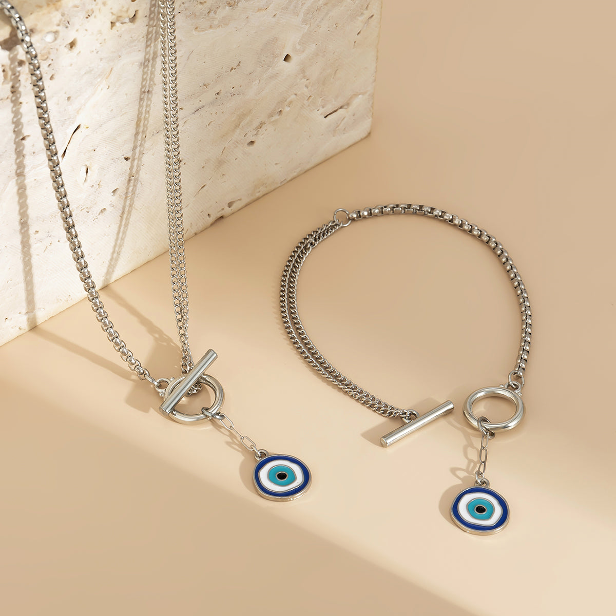 Blue Enamel and Silver-Plated Eye Pendant Necklace and Bracelet, jewelry gift sets for women, styled look