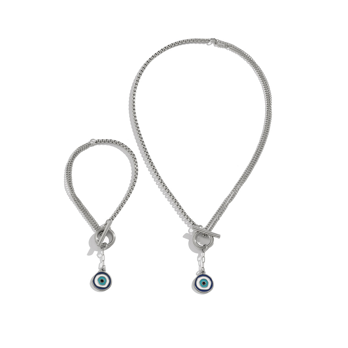 Blue Enamel and Silver-Plated Eye Pendant Necklace and Bracelet, jewelry gift sets for women, lifestyle look