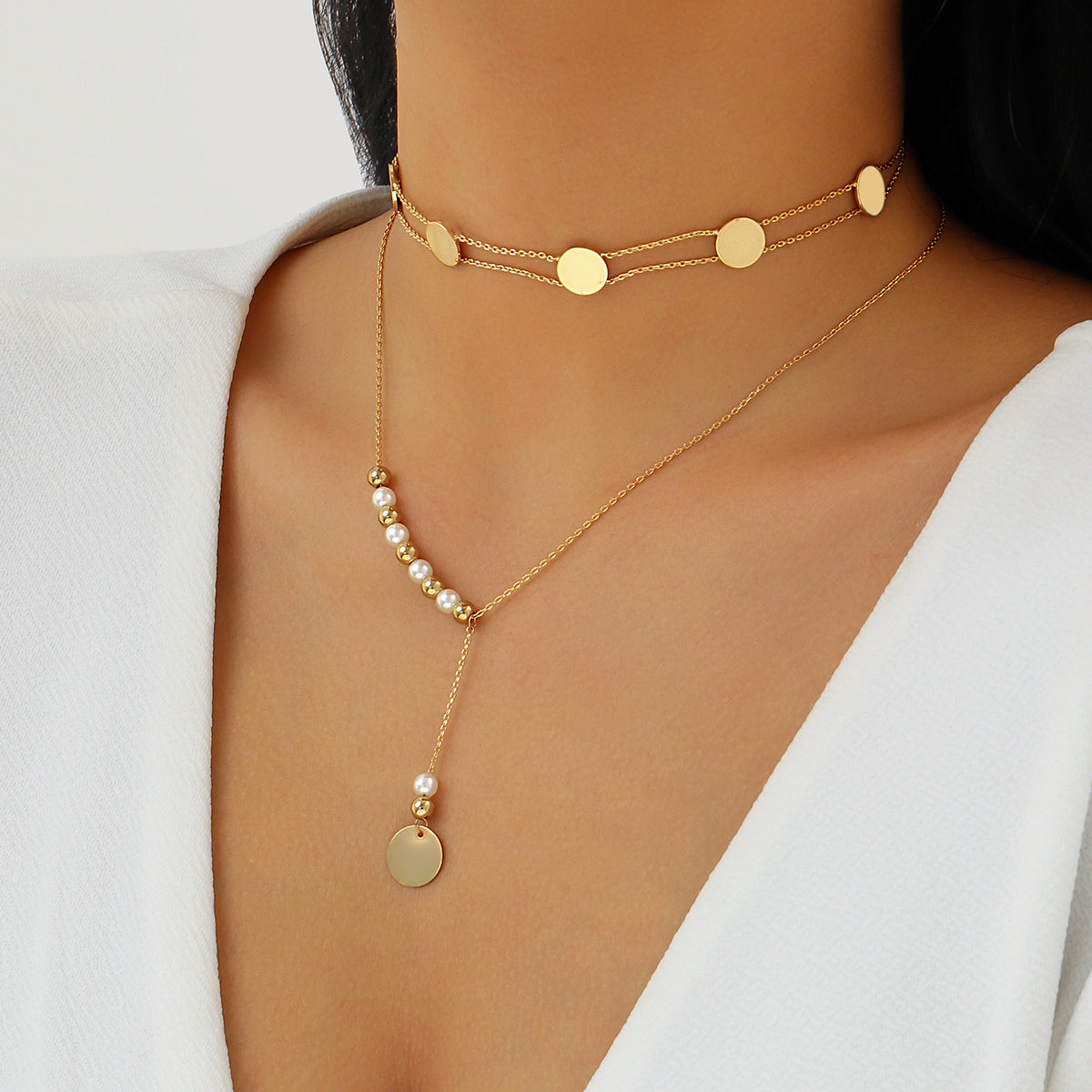 Pearl & 18K Gold-Plated Drop Necklace & Sequin Choker Necklace