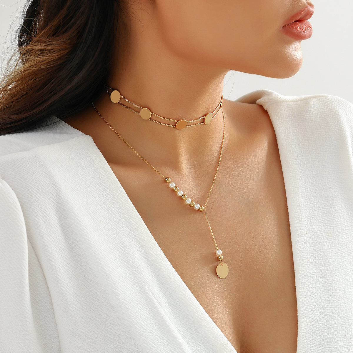 Pearl & 18K Gold-Plated Drop Necklace & Sequin Choker Necklace