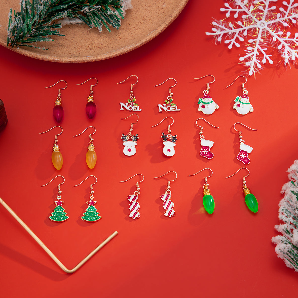 18K Gold-Plated Christmas Icons Nine-Pair Drop Earrings Set, gold drop earrings for women, detail close-up