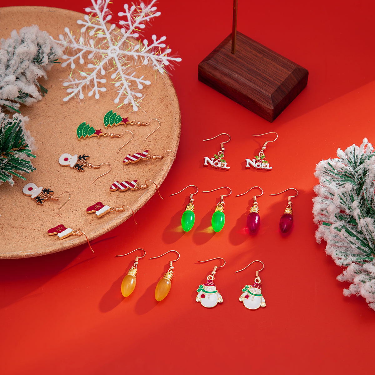 18K Gold-Plated Christmas Icons Nine-Pair Drop Earrings Set, gold drop earrings for women, lifestyle look