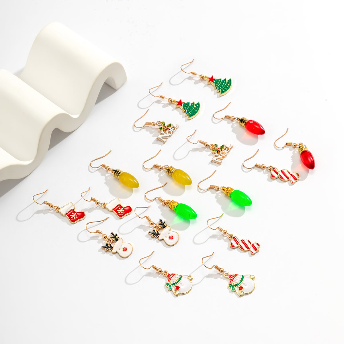 18K Gold-Plated Christmas Icons Nine-Pair Drop Earrings Set, gold drop earrings for women, vintage-inspired design, side view