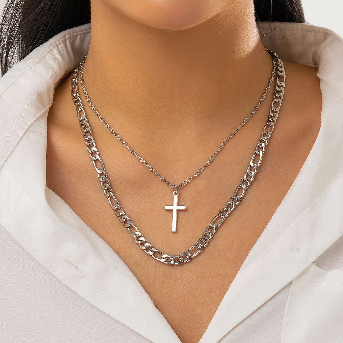 Silver-Plated Cross Pendant Necklace Set