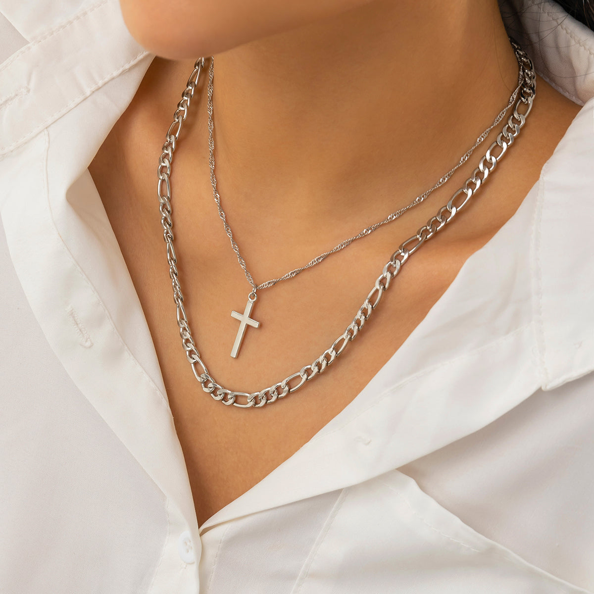 Silver-Plated Cross Pendant Necklace Set