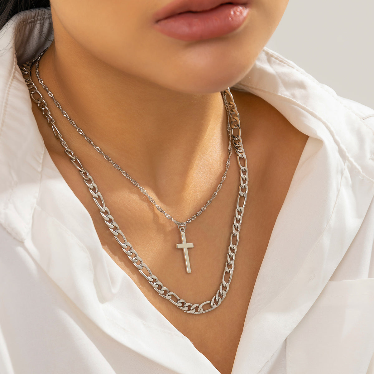 Silver-Plated Cross Pendant Necklace Set