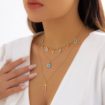 Blue Enamel and 18K Gold-Plated Cross Eye Pendant Necklace Set, jewelry gift sets for women, side view