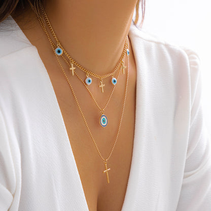 Blue Enamel and 18K Gold-Plated Cross Eye Pendant Necklace Set, jewelry gift sets for women, detail close-up
