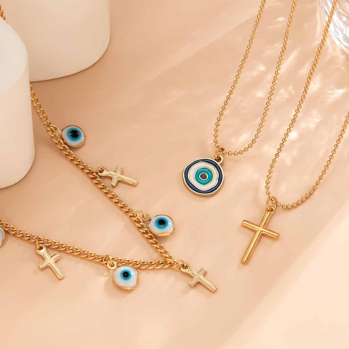 Blue Enamel and 18K Gold-Plated Cross Eye Pendant Necklace Set, jewelry gift sets for women, styled look