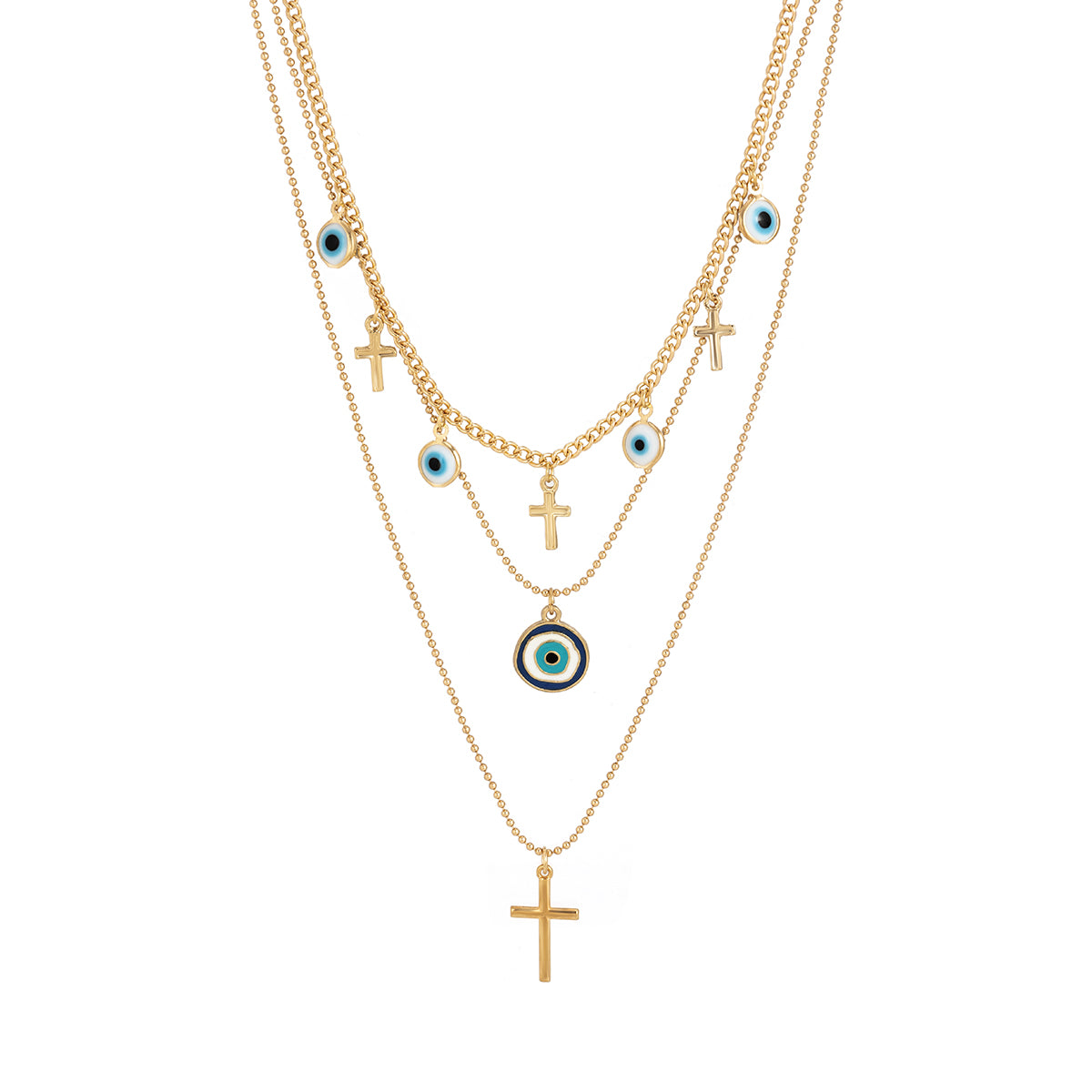 Blue Enamel and 18K Gold-Plated Cross Eye Pendant Necklace Set, jewelry gift sets for women, lifestyle look