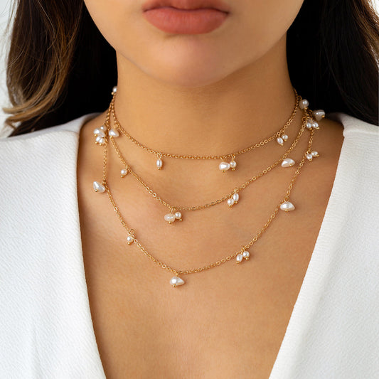 Pearl and 18K Gold-Plated Station Necklace Set, jewelry gift sets for women, elegant gift for her, front view