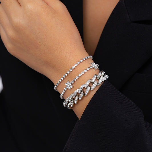 Cubic Zirconia and Silver-Plated Flower Station Bracelet Set, jewelry gift sets for women, front view