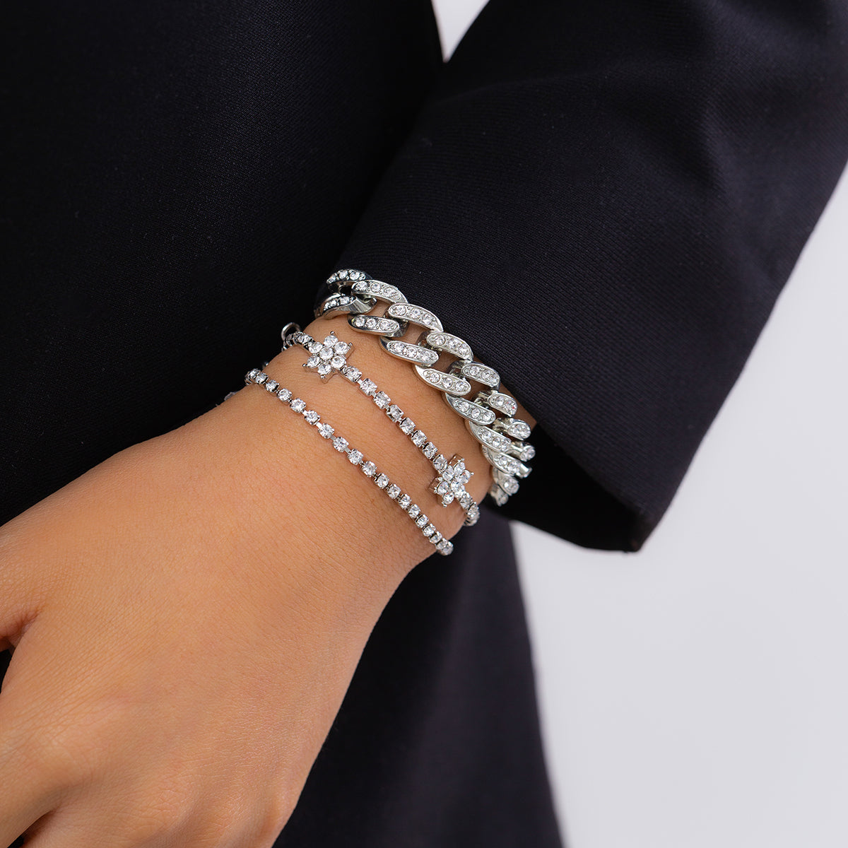 Cubic Zirconia & Silver-Plated Flower Station Bracelet Set