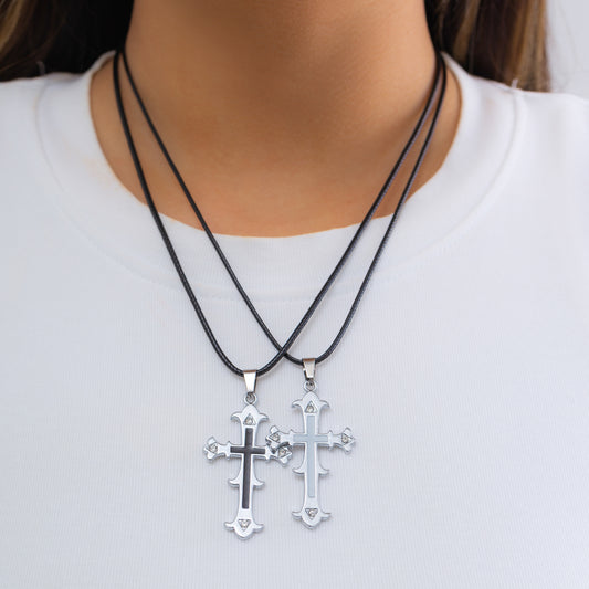Black Polyester and Enamel Silver-Plated Cross Pendant Necklace Set, jewelry gift sets for women, everyday style, front view