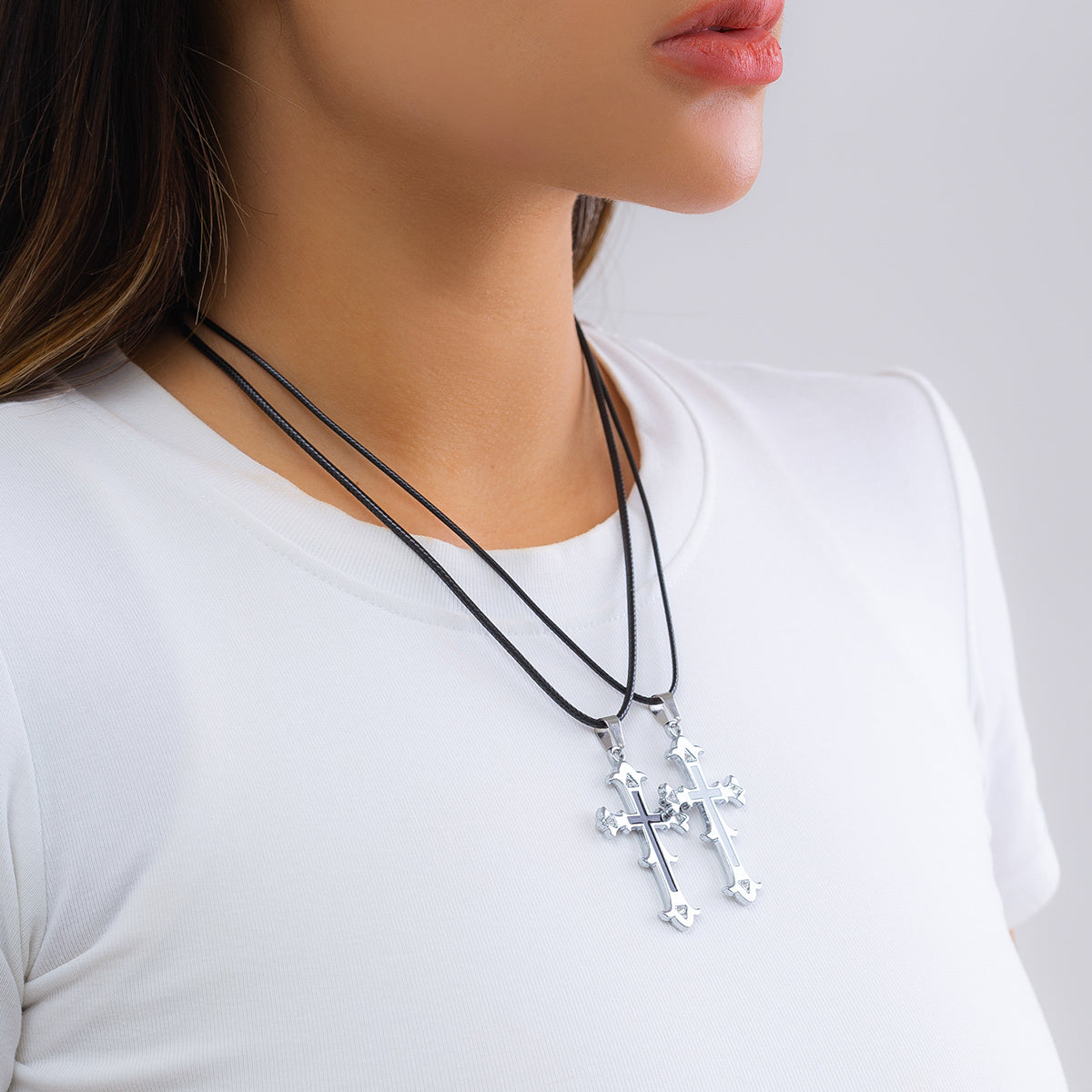 Black Polyester & Enamel Silver-Plated Cross Pendant Necklace Set