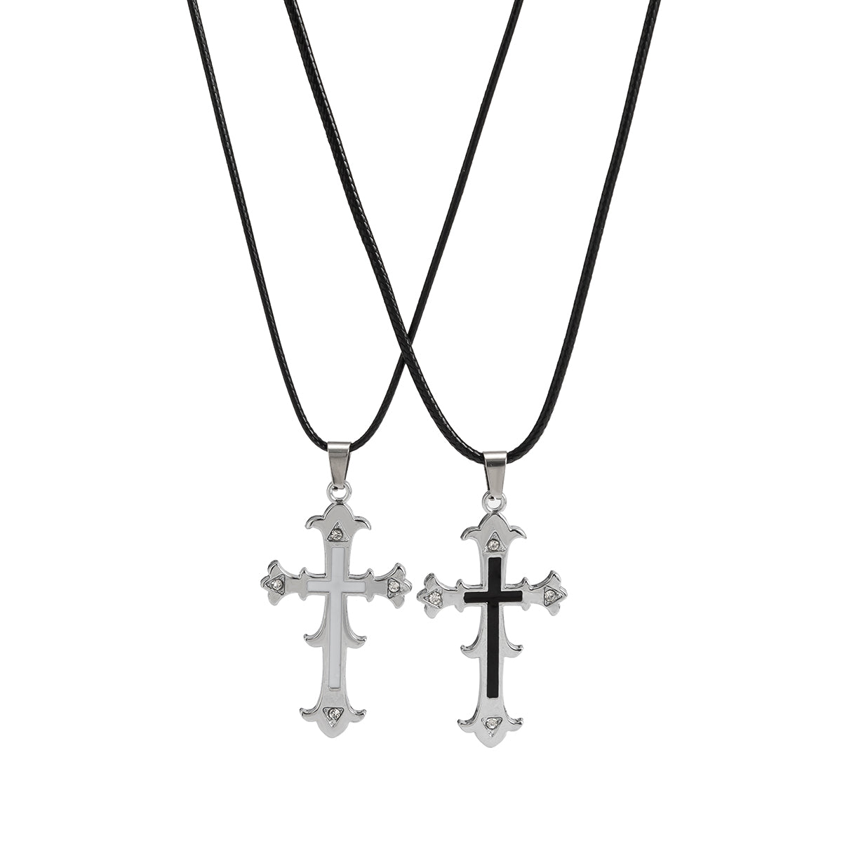 Black Polyester & Enamel Silver-Plated Cross Pendant Necklace Set