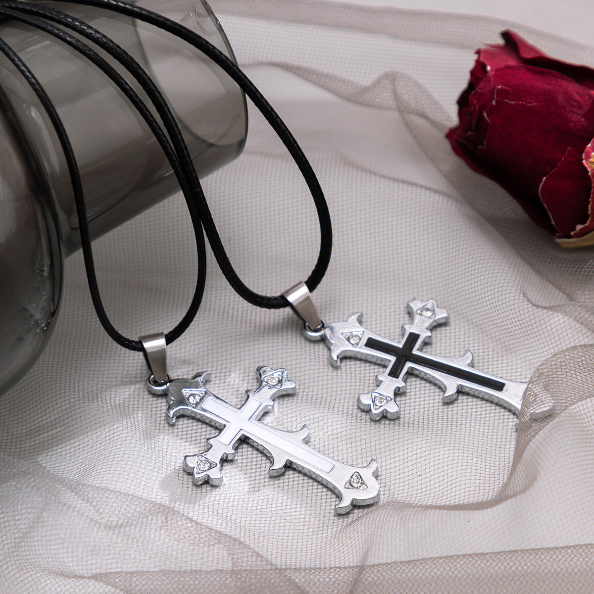 Black Polyester & Enamel Silver-Plated Cross Pendant Necklace Set