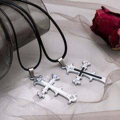 Black Polyester & Enamel Silver-Plated Cross Pendant Necklace Set