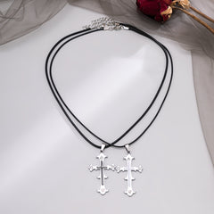 Black Polyester & Enamel Silver-Plated Cross Pendant Necklace Set