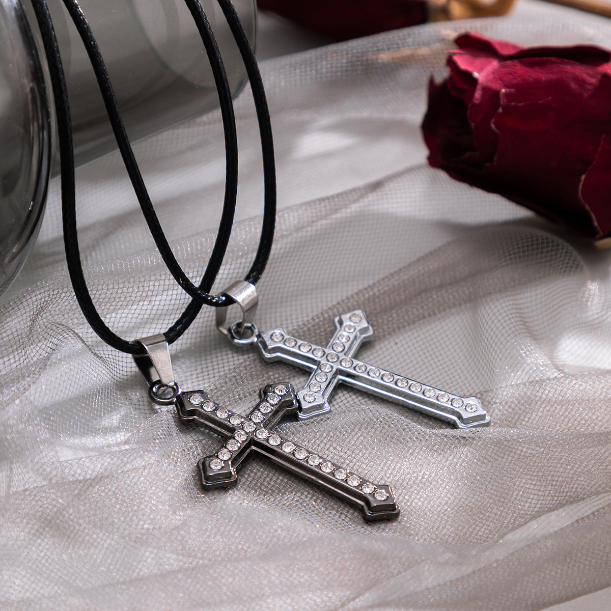 Cubic Zirconia and Silver-Plated Cross Pendant Necklace Set, jewelry gift sets for women, detail close-up