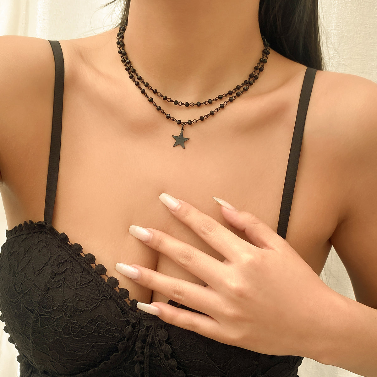 Black Star Pendant Necklace Set, jewelry gift sets for women, dainty minimalist design, lifestyle look