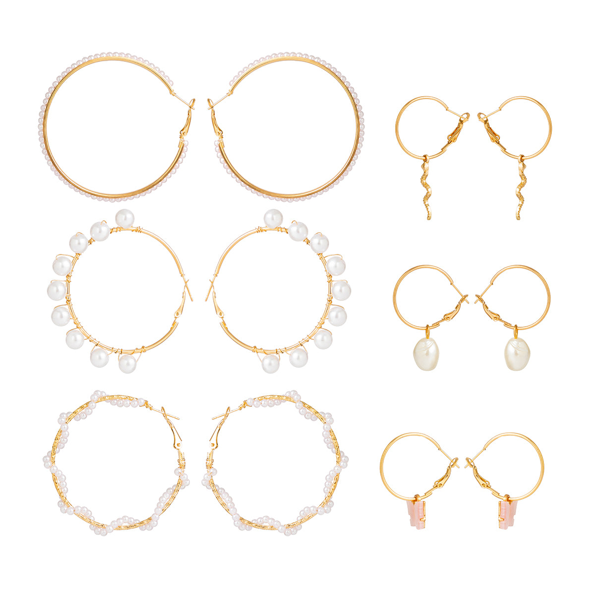 Pearl and 18K Gold-Plated Snake Butterfly Huggie Earring Set, gold huggie earrings, everyday style, front view