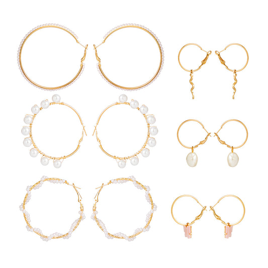 Pearl and 18K Gold-Plated Snake Butterfly Huggie Earring Set, gold huggie earrings, everyday style, front view
