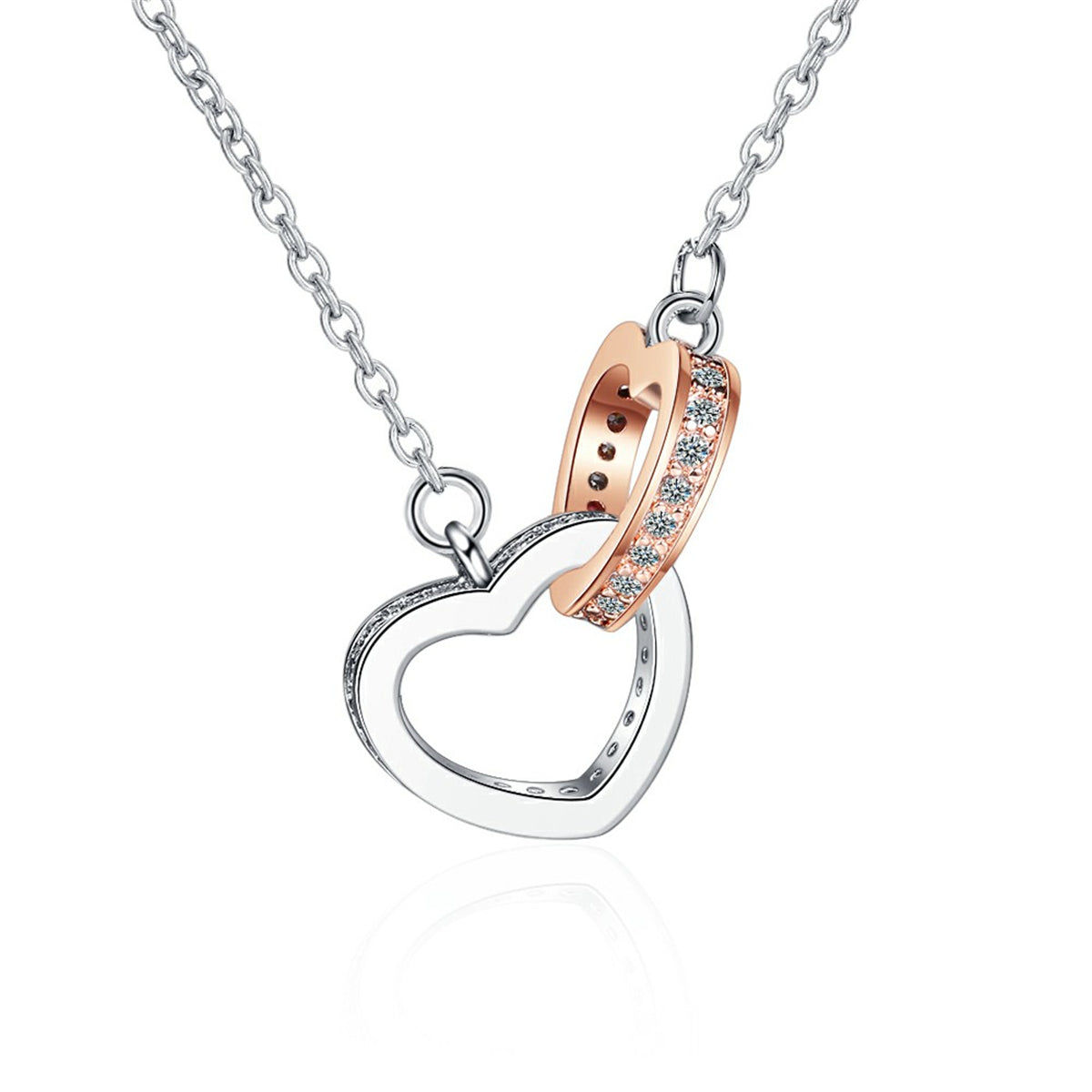 Cubic Zirconia and Two Tone Interlocked Heart Pendant Necklace, pendant necklace for women, botanical inspired, front view