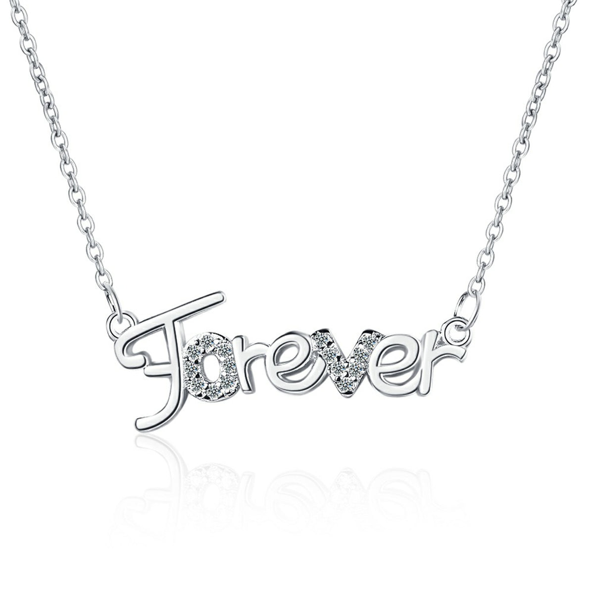 Cubic Zirconia and Silver-Plated 'Forever' Pendant Necklace, silver pendant necklace for women, everyday style, front view